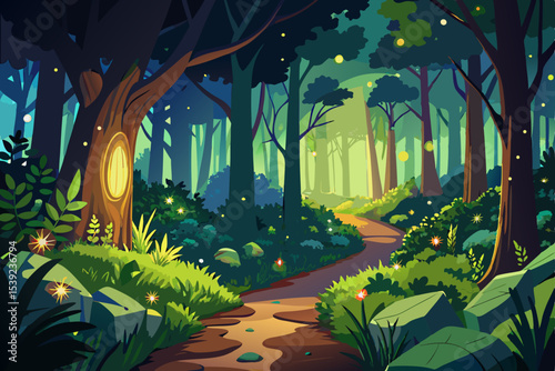Vector illustration of a fantasy night landscape with a Christmas tree in the park and silhouetted forest
