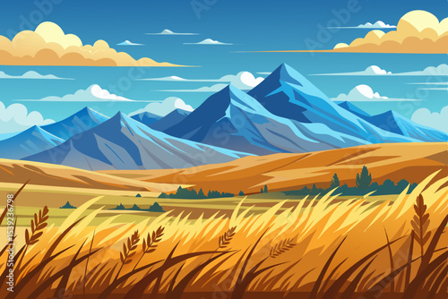 A panoramic summer mountain landscape unfolds with green meadows, a vast sky, and picturesque clouds
