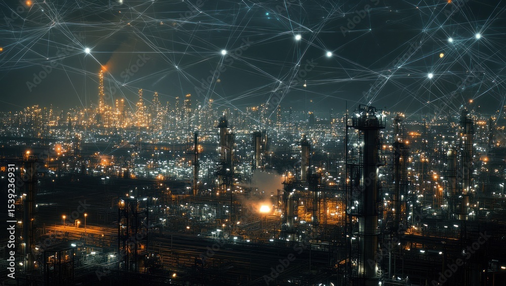 Fototapeta premium Illuminated Industrial Metropolis: A Nighttime Network