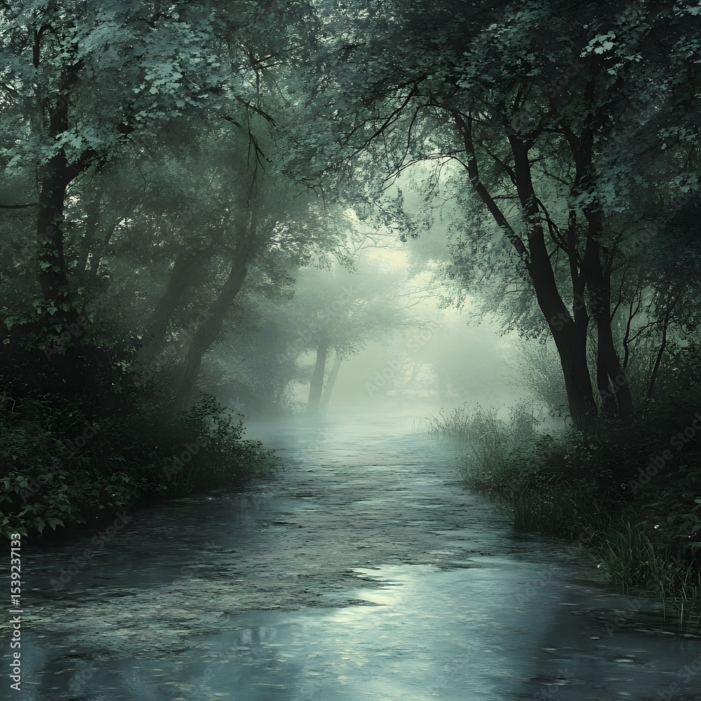Obraz premium Misty forest path with water flowing through the trees creating a serene and ethereal landscape view