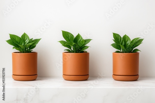 Three potted plants are lined up on a white shelf photo