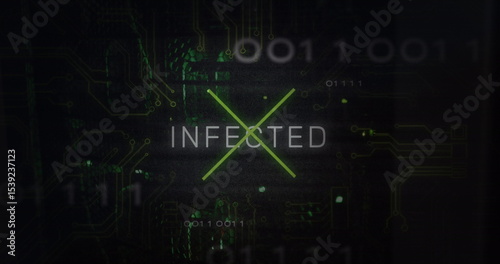 Displaying neon-green X graphic overlaying INFECTED on cyber interface, with floating binary code