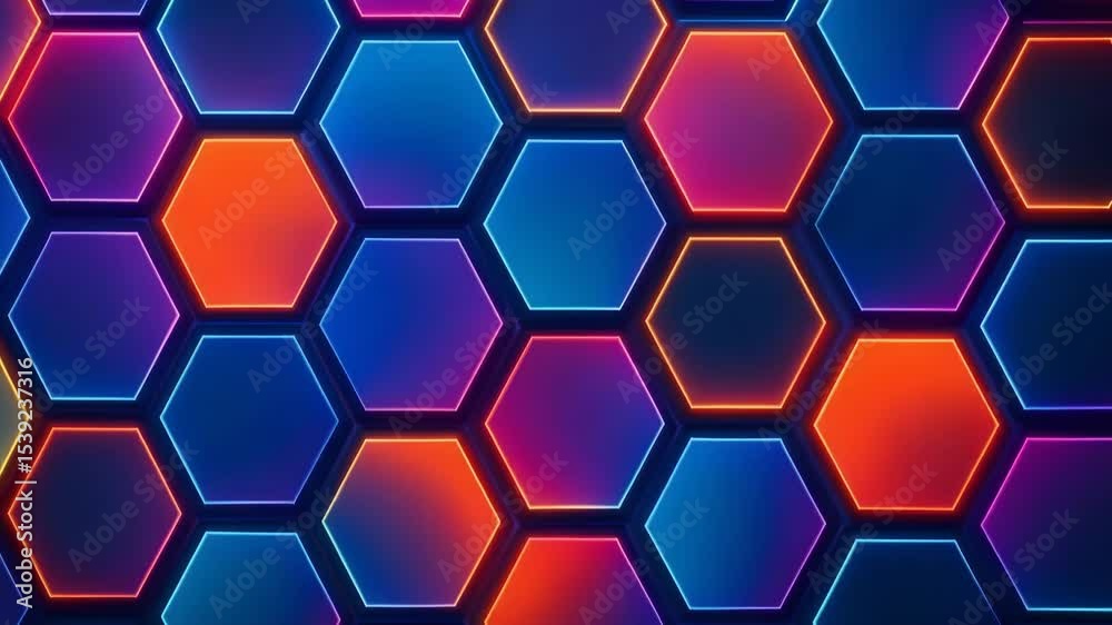 A vibrant, abstract hexagonal pattern featuring blue and red hues. The geometric shapes create a visually striking background suitable for digital projects or artistic designs.