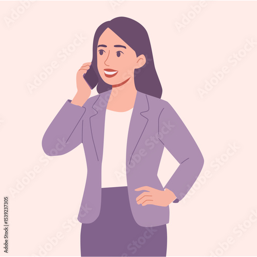 Elegant businesswoman presenting data on a chart, wearing a lavender suit in a modern office. Flat illustration style, startup theme, soft pastel palette