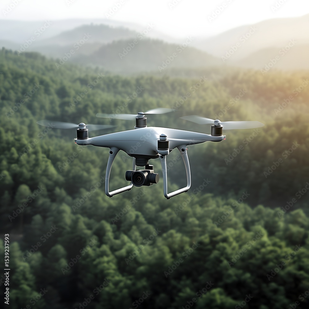 Fototapeta premium A drone hovering in the air with a forest and mountains in the background on a sunny day landscape view
