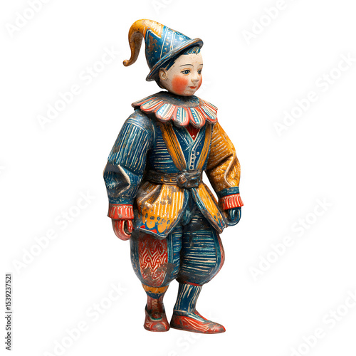 Antique tin wind-up toy, 1920s walking figure, lithographed metal with detailed costume, isolated on a white background