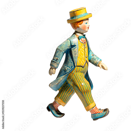 Antique tin wind-up toy, 1920s walking figure, lithographed metal with detailed costume, vibrant primary colors, isolated on a white background