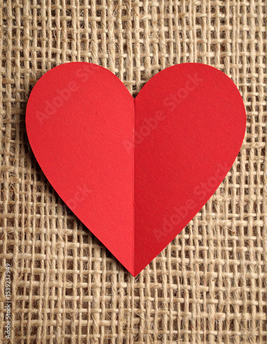 A handmade red paper heart contrasted against the texture of rough hessian fabric background.