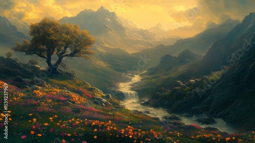 A tranquil mountain valley bathed in golden sunlight.