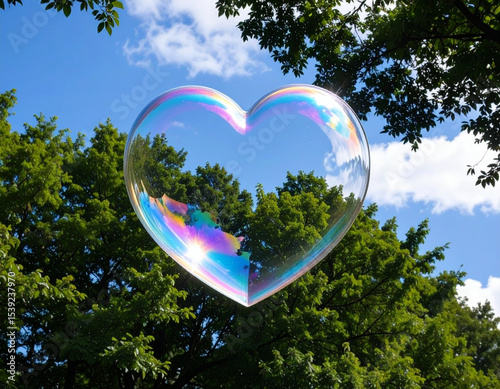 A bubble suspended mid-air captured in a perfect iridescent heart shape reflection.