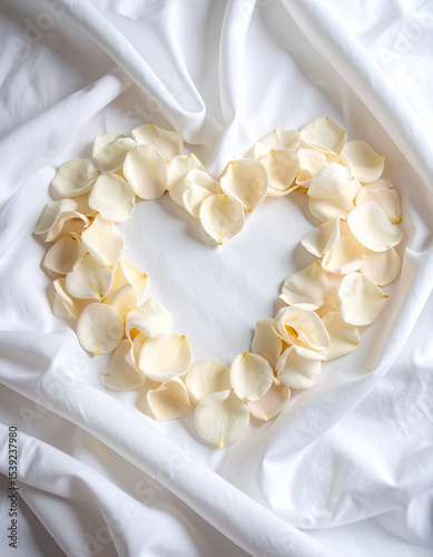 Delicate rose petals are artfully arranged into a perfect heart shape on a soft, flowing white fabric background.