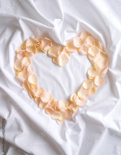 Delicate rose petals are artfully arranged into a perfect heart shape on a soft, flowing white fabric background.