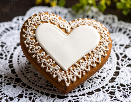 A perfectly baked heart-shaped cookie, with intricate frosting, rests on a vintage lace doily.