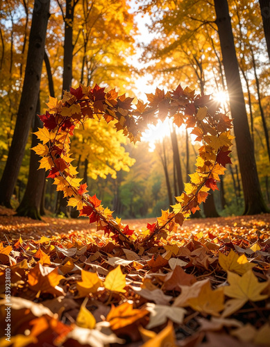 Vibrant fall leaves are carefully arranged into a large, autumnal heart shape on a forest ground.