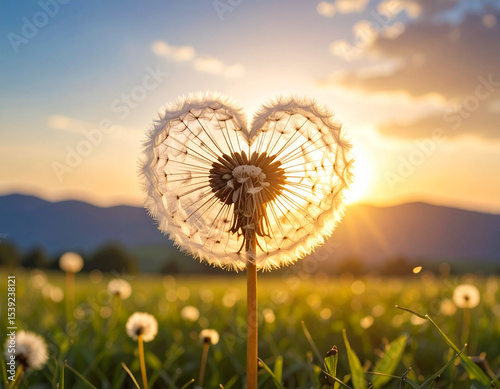 A single dandelion puff, its seeds forming a delicate heart, waits to be blown into the wind.