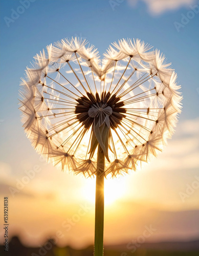 A single dandelion puff, its seeds forming a delicate heart, waits to be blown into the wind.