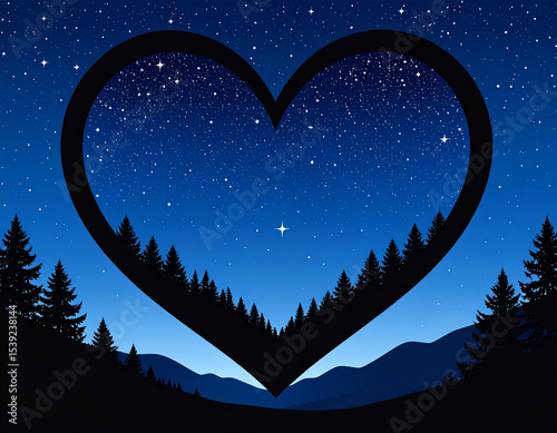A heart-shaped cutout reveals a starry night sky behind a dark, silhouetted landscape.