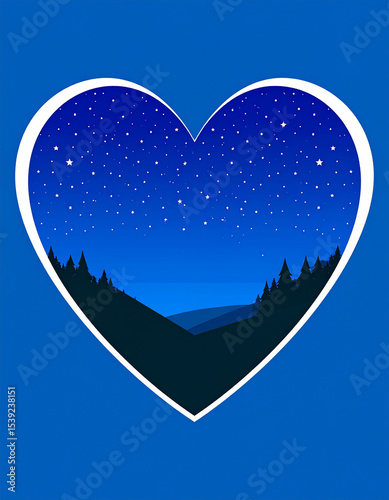 A heart-shaped cutout reveals a starry night sky behind a dark, silhouetted landscape.