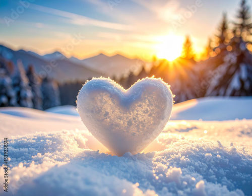 Freshly fallen snow is sculpted into a delicate, luminous heart shape on a serene winter morning.
