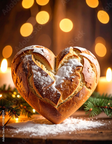 A close-up of a rustic, heart-shaped bread loaf, freshly baked and warm, symbolizing homely love and nourishment.