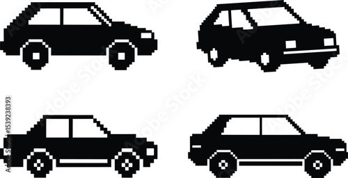 Pixel-style car vector set - 4 random vehicle silhouettes, EPS JPEG PNG
