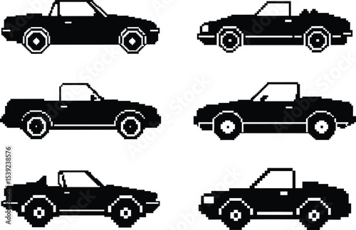 Pixel-style convertible vector set - 6 retro car silhouettes, EPS JPEG PNG