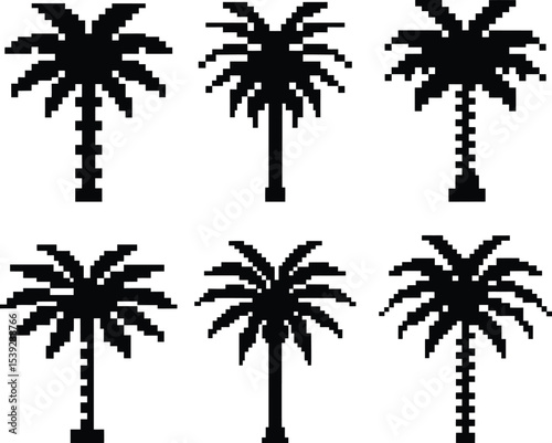 Pixel-style palm tree vector set - 6 tropical silhouettes, EPS JPEG PNG