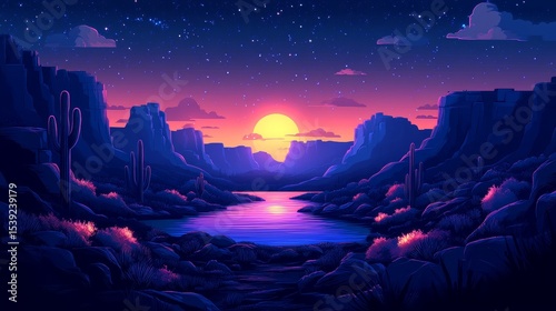 Sunset desert landscape with vibrant colors and desert plants.