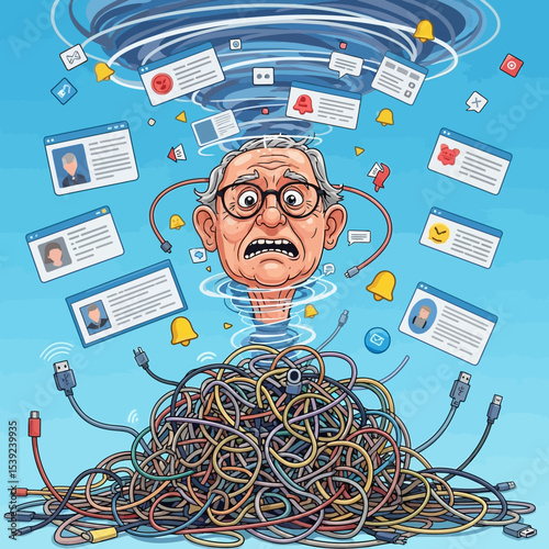 Cartoon Illustration of Person Overwhelmed by Tangled Digital Notifications and Data Chaos