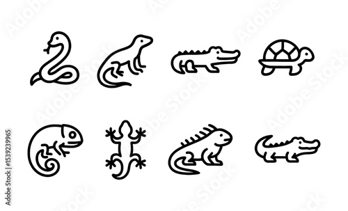 Vector icons: snake, lizard, crocodile, turtle, chameleon, gecko, iguana, reptiles