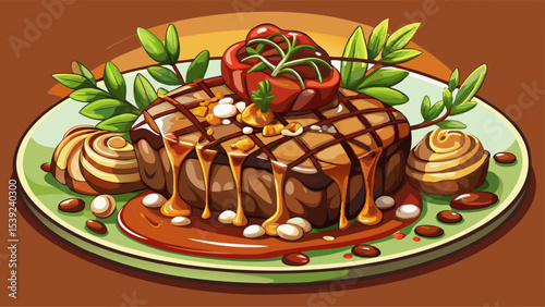 Ribeye steak topped with sauteed wild mushrooms and a drizzle of balsamic glaze Very beautiful