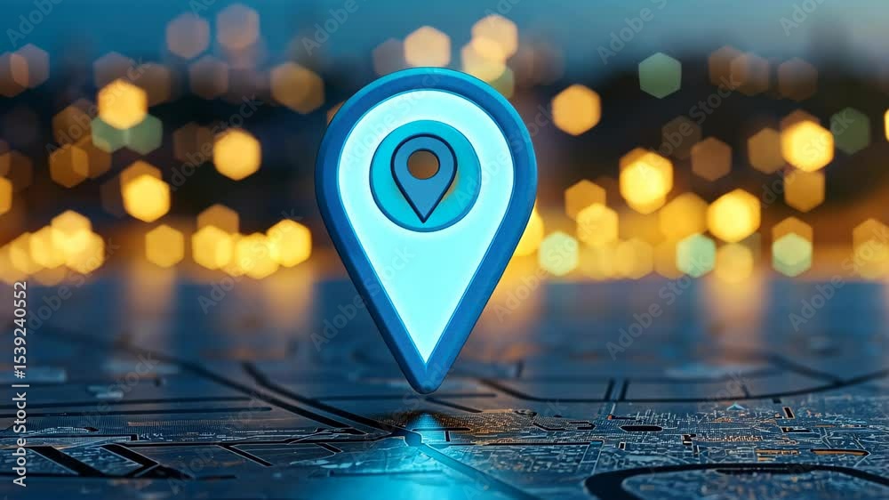 Blue Map Pointer: A sleek, illuminated blue map pointer hovers above a detailed street map with a vibrant cityscape in the distance, pinpointing a specific location with precision.