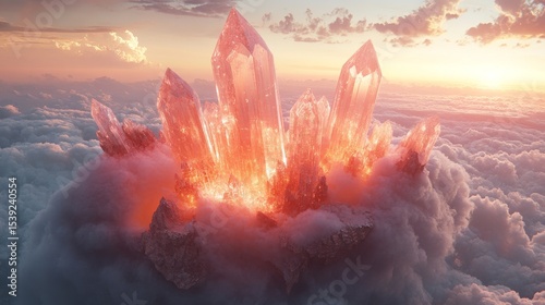 Illuminated crystals cluster atop a celestial cloud formation.