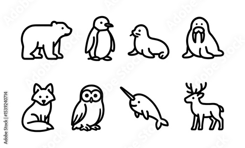 Minimalist arctic animal icons: polar bear, penguin, seal, walrus, fox, owl, narwhal, deer
