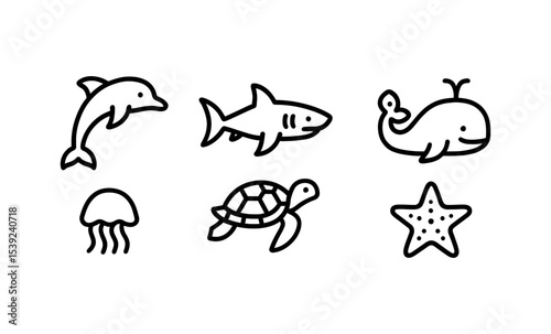 Cute marine life icons collection: whales, sharks, dolphins, and more