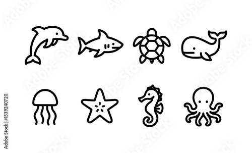 Minimalist black and white sea creatures icons set featuring dolphin, shark, turtle, whale, jellyfish, starfish, seahorse, octopus