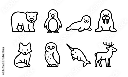 Arctic animal icons: polar bear, penguin, seal, walrus, fox, owl, narwhal, deer outline set