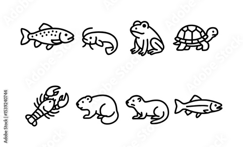 Set of simple line icons featuring aquatic and amphibious animals