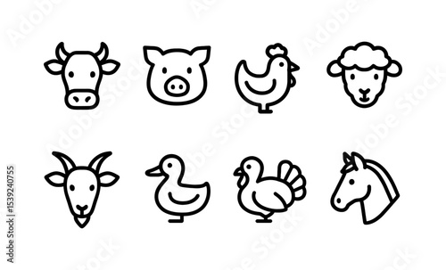 Minimalist farm animal icons set featuring cow, pig, chicken, and more