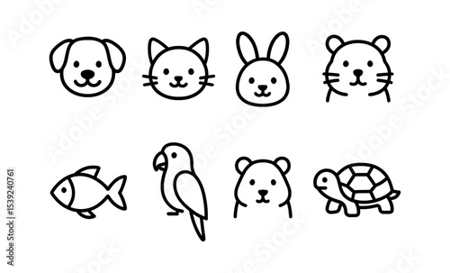 Cute outline animal faces: dog, cat, rabbit, bear, fish, bird, hamster, turtle
