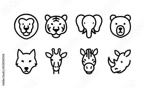 Minimalist animal icons: simple line designs of lion, tiger, elephant, bear, wolf, giraffe, zebra, rhino