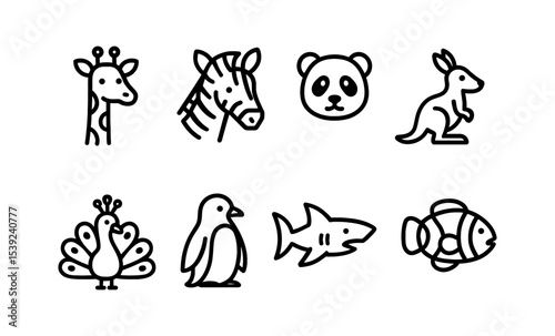Minimalist animal icons set featuring zoo and aquatic creatures in black and white