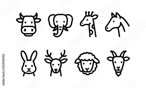 Simplified animal icons featuring cow, elephant, giraffe, horse, rabbit, deer, sheep, and goat