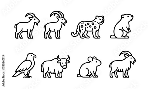 Line art icons of diverse animals: goats, cheetah, prairie dog, bird, ox, mouse