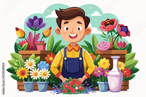 smiling florist holding a bouquet with a reassuring expression, isolated on white background vector symbolizing creativity, nature, warmth, and floral expertise