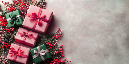 Elegant gift boxes with gold ribbons and floral arrangement on a textured background