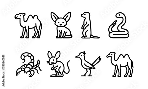 Desert animals icons collection: camel, meerkat, snake, fennec fox, jerboa, scorpion, roadrunner