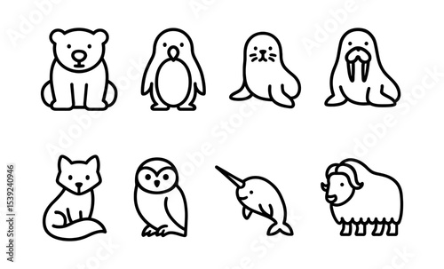 Cute arctic wildlife icons: polar bear, penguin, seal, walrus, fox, owl, narwhal, musk ox