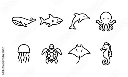 Outline icons of marine life creatures including whales, sharks, dolphins, and more