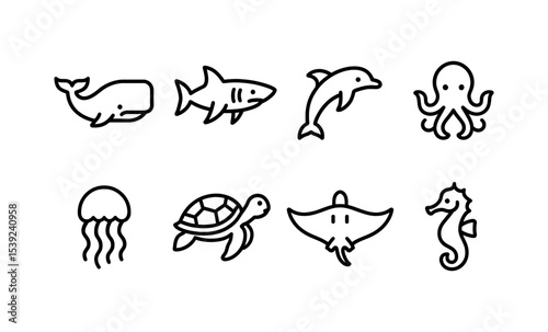 Cute sea animal icons: whale, shark, turtle, and more ocean creatures in minimalist line art